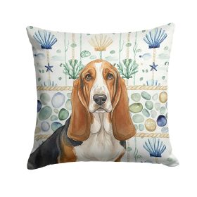 Tricolor and White Basset Hound Coastal Sea Glass Throw Pillow Decorative Indoor Outdoor Accent Cushion for Couch, Bed or Patio, 18Hx18W