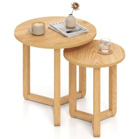 Round Nesting Coffee Table Set of 2 Wood Nesting End Tables with Thickened Top (Color: Natural)