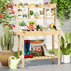 Wooden Potting Bench Table Garden Planting Workstation with 3-Tier Open Shelf (Color: Natural)