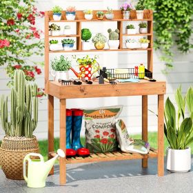 Wooden Potting Bench Table Garden Planting Workstation with 3-Tier Open Shelf (Color: brown)